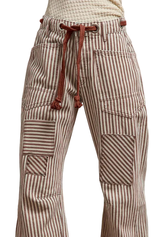 TEEK - Drawstring Striped Twill Barrel Pants PANTS TEEK Trend MOCHA BROWN S