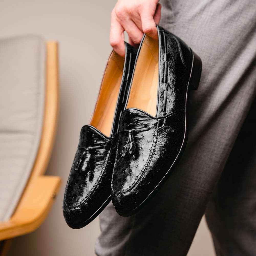 13-581-BLK FRANCO Ostrich Tassel Loafer, Black Shop Zelli Italia
