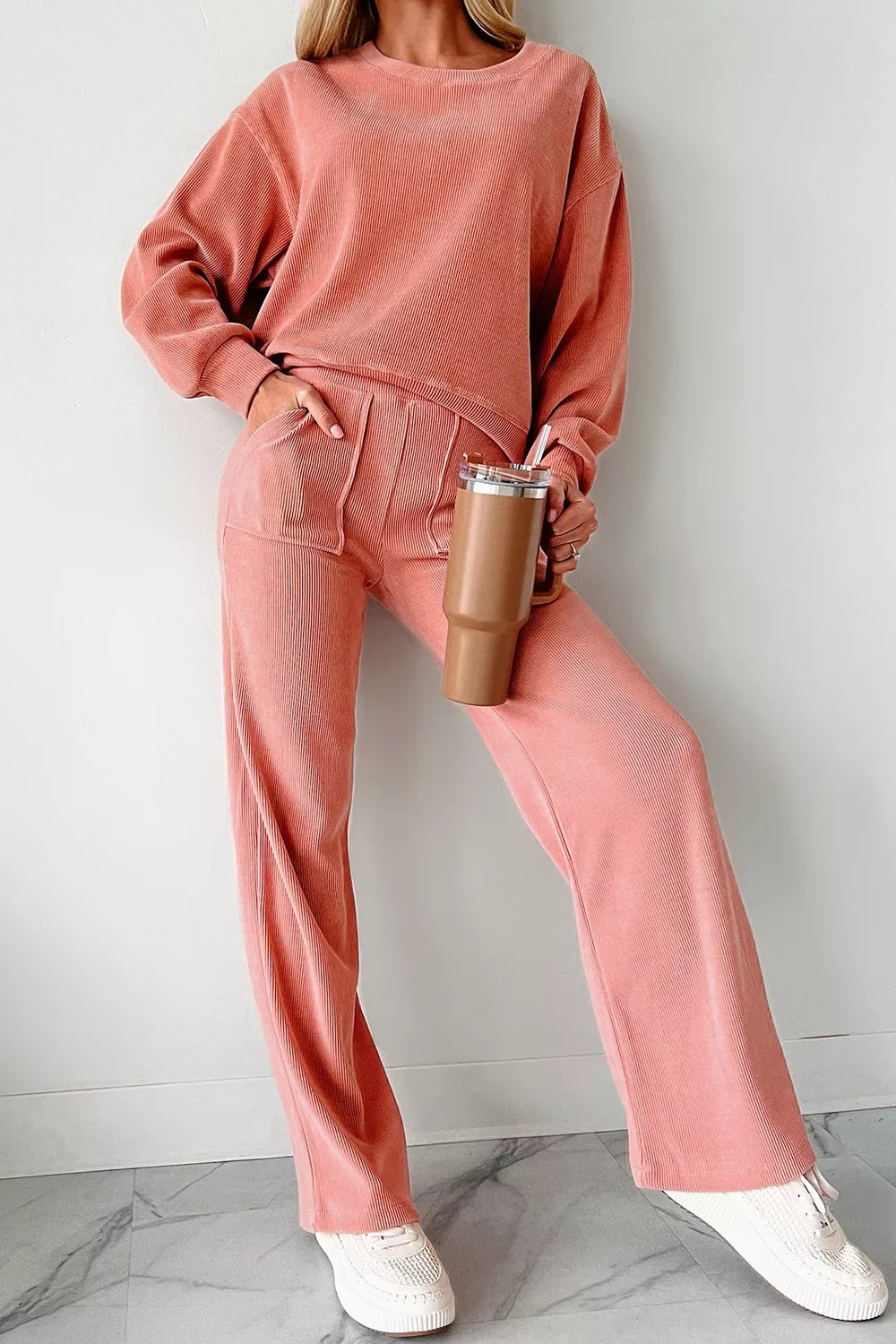 Ribbed Round Neck Top and Pants Set Trendsi