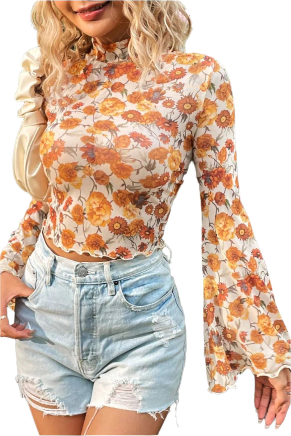 Printed Mock Neck Flare Sleeve Top TEEK Trend Tangerine (US 4-6)S