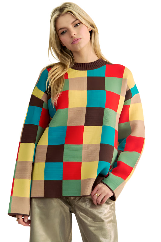TEEK - Brown Multi Color Block Checkered Dropped Shoulder Sweater TOPS TEEK Trend S