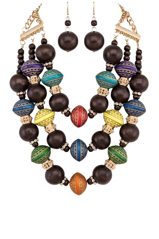 TEEK - Mix Layer Wooden Bead Statement Necklace Set JEWELRY TEEK FG   