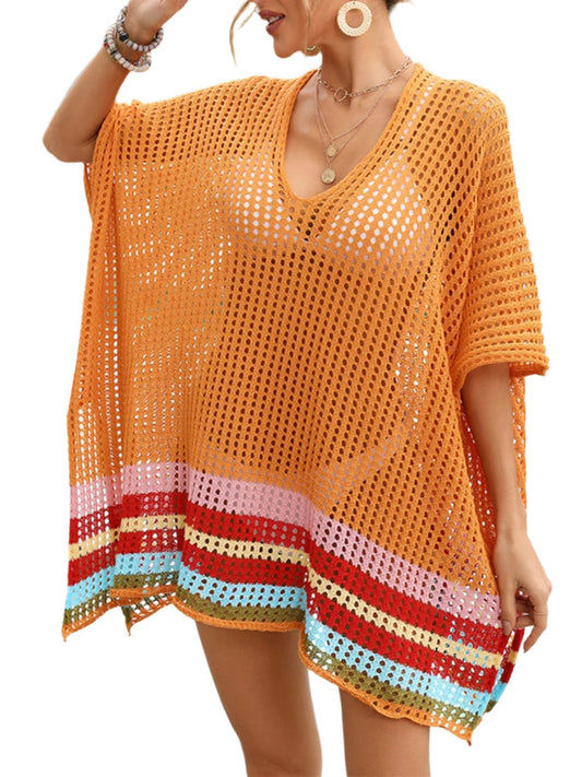 TEEK - Slit Mesh V-Neck Half Sleeve Cover-Up TOPS TEEK Trend Terracotta  