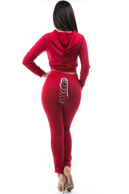 TEEK - RED BACK BOTTOM TIE CROP HOODIE TWO PIECE SET SET TEEK FG   