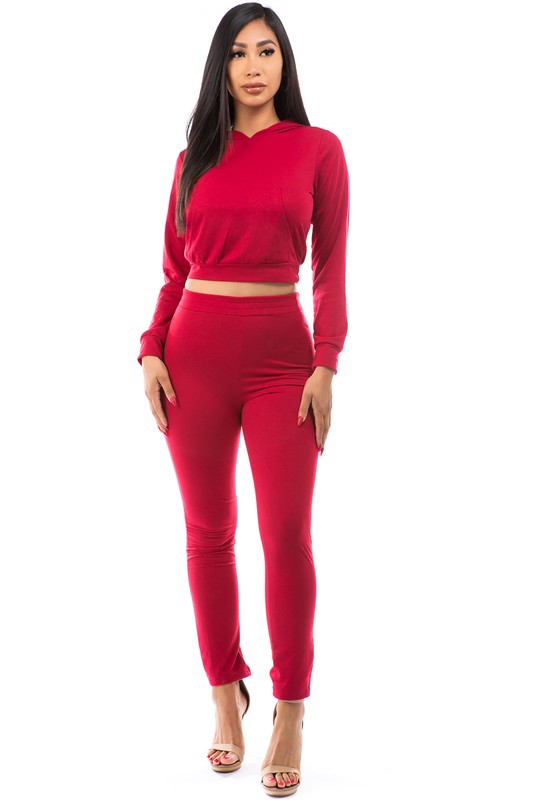 TEEK - RED BACK BOTTOM TIE CROP HOODIE TWO PIECE SET SET TEEK FG S  