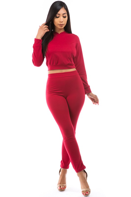 TEEK - RED BACK BOTTOM TIE CROP HOODIE TWO PIECE SET SET TEEK FG   