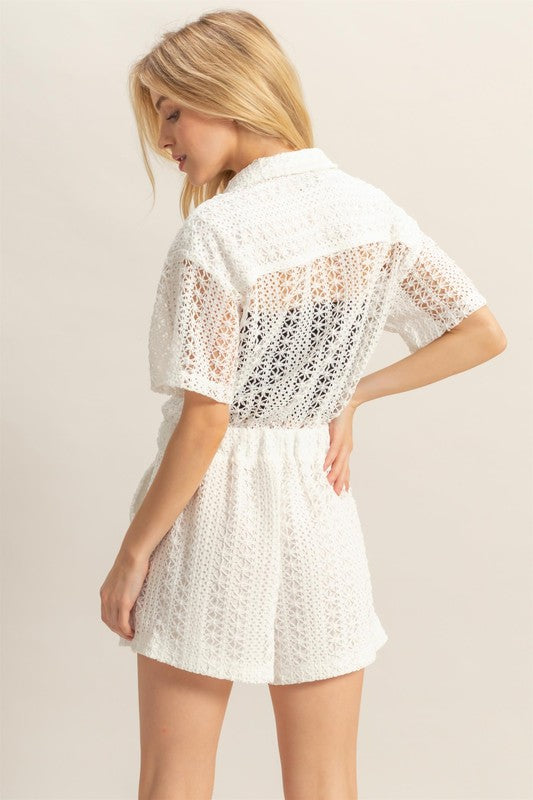 TEEK - White Crochet Button Front Short Sleeve Romper JUMPSUIT TEEK Trend