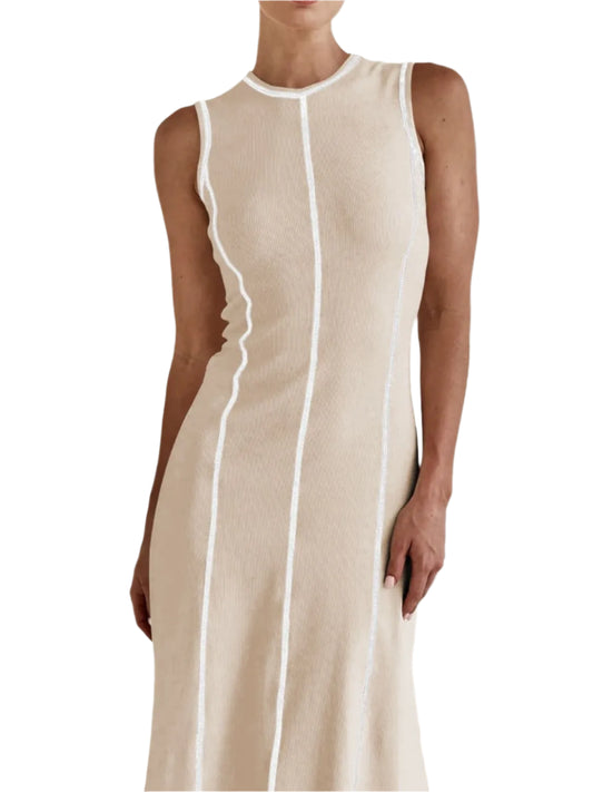 TEEK - Contrast Stitching Round Neck Sleeveless Dress DRESS TEEK Trend Tan S