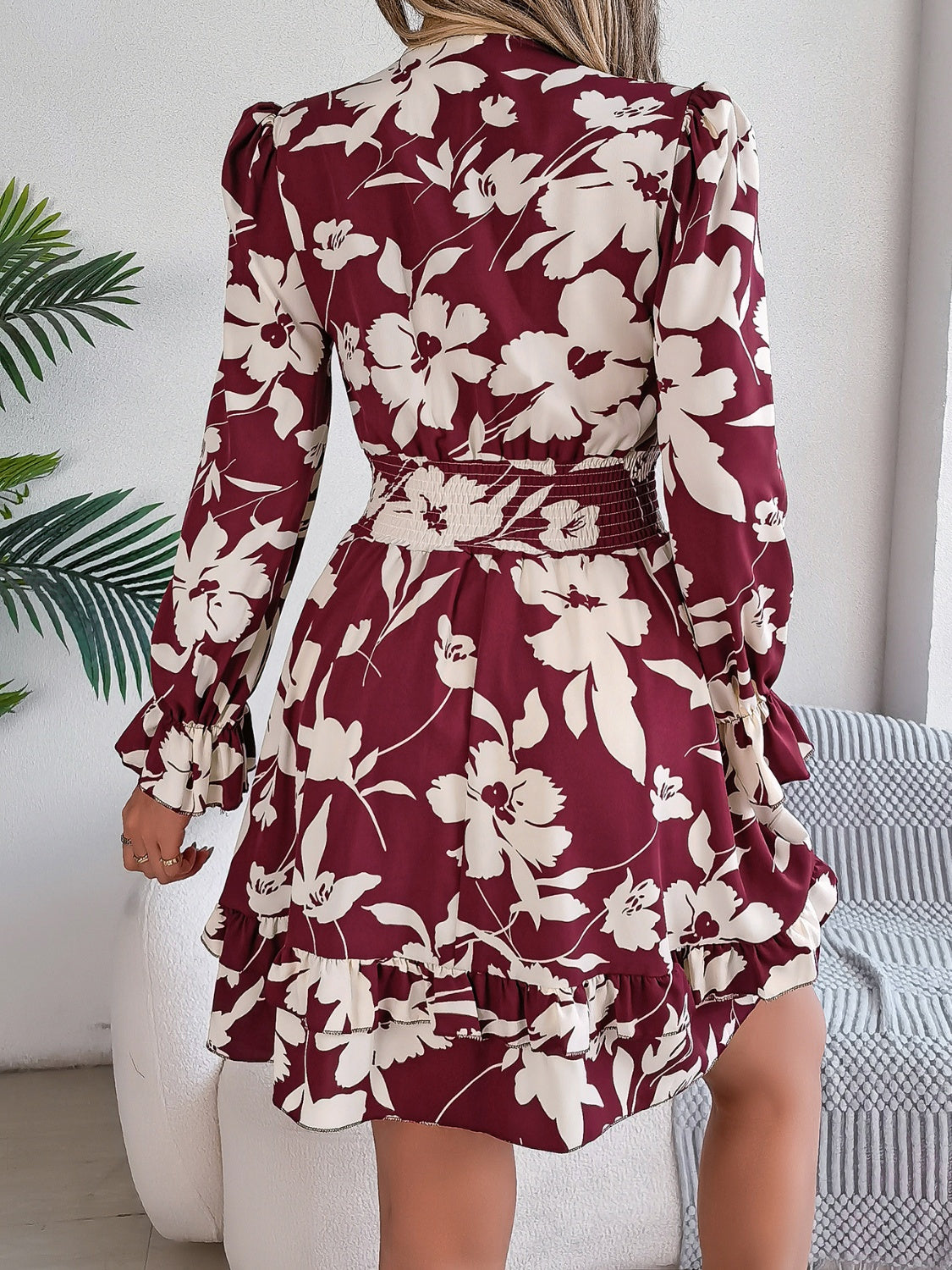 TEEK - Tied Ruffled Printed Long Sleeve Dress DRESS TEEK Trend   