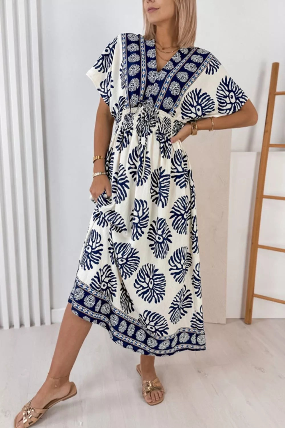 Floral Print Contrast Patchwork V Neck Dolman Dress Trendsi