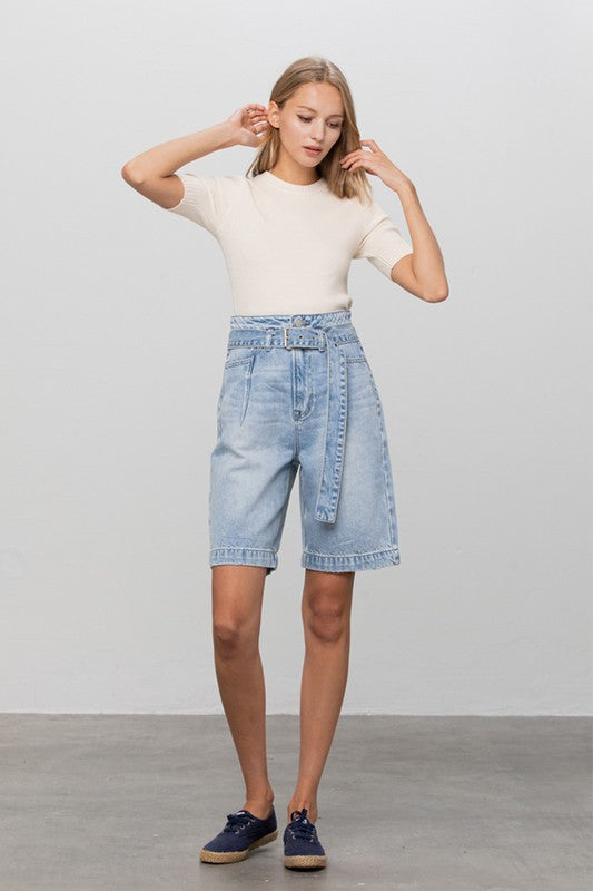 TEEK - LIGHT BLUE WASH BELTED DENIM BERMUDAS SHORTS TEEK FG   