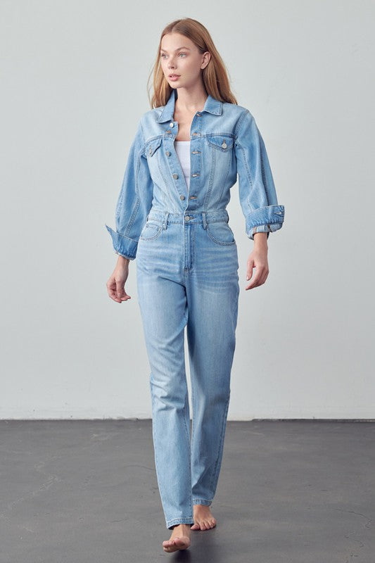 TEEK - MED WASH BALLOON SLEEVE JUMPSUIT OVERALLS TEEK Trend   