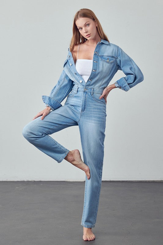 TEEK - MED WASH BALLOON SLEEVE JUMPSUIT OVERALLS TEEK Trend   