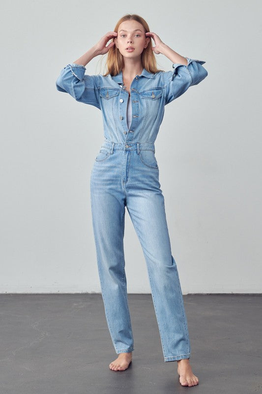 TEEK - MED WASH BALLOON SLEEVE JUMPSUIT OVERALLS TEEK Trend   