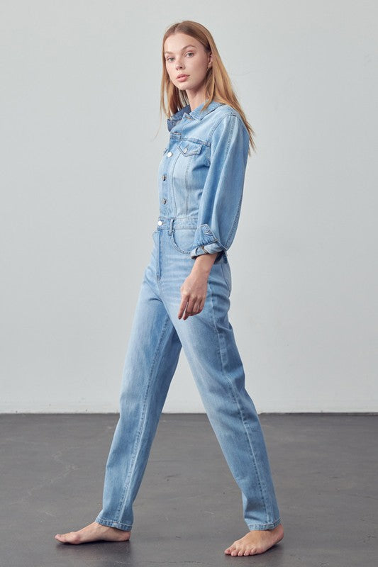 TEEK - MED WASH BALLOON SLEEVE JUMPSUIT OVERALLS TEEK Trend   