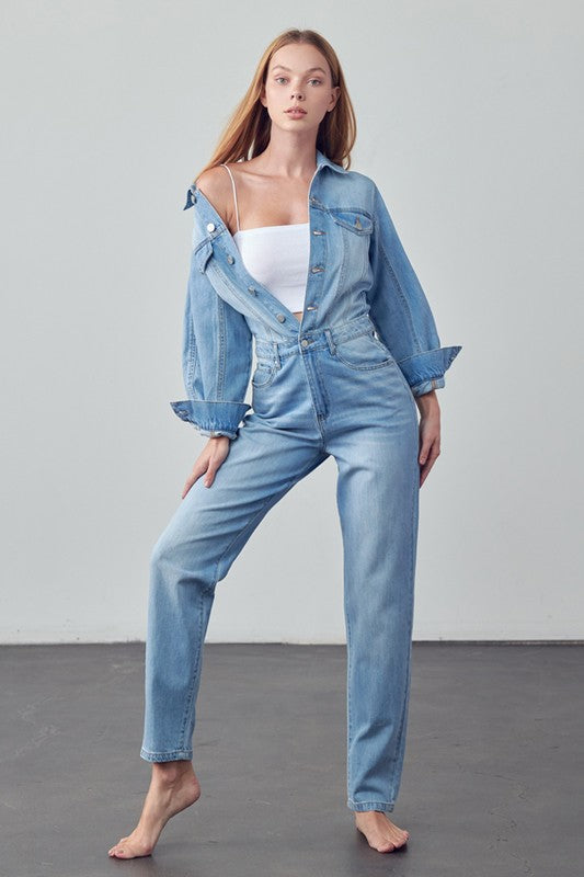 TEEK - MED WASH BALLOON SLEEVE JUMPSUIT OVERALLS TEEK Trend   