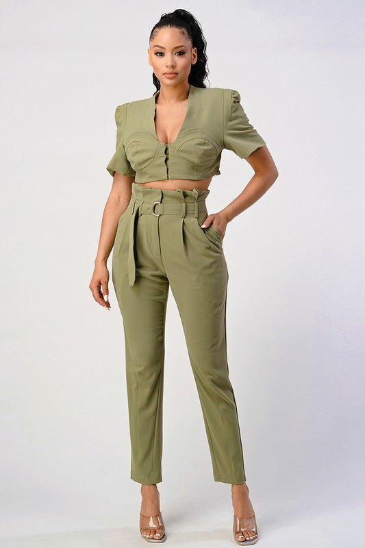 TEEK - OLIVE TWO PIECE PANT SET & BELT SET TEEK FG   