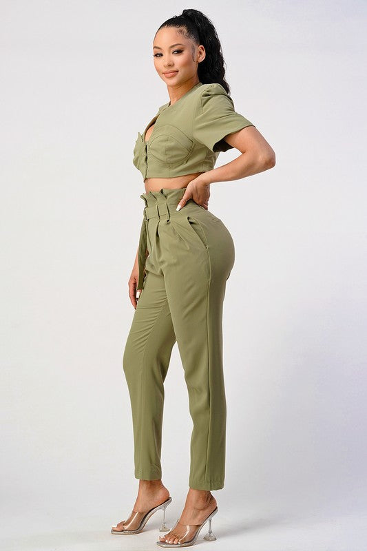 TEEK - OLIVE TWO PIECE PANT SET & BELT SET TEEK FG   