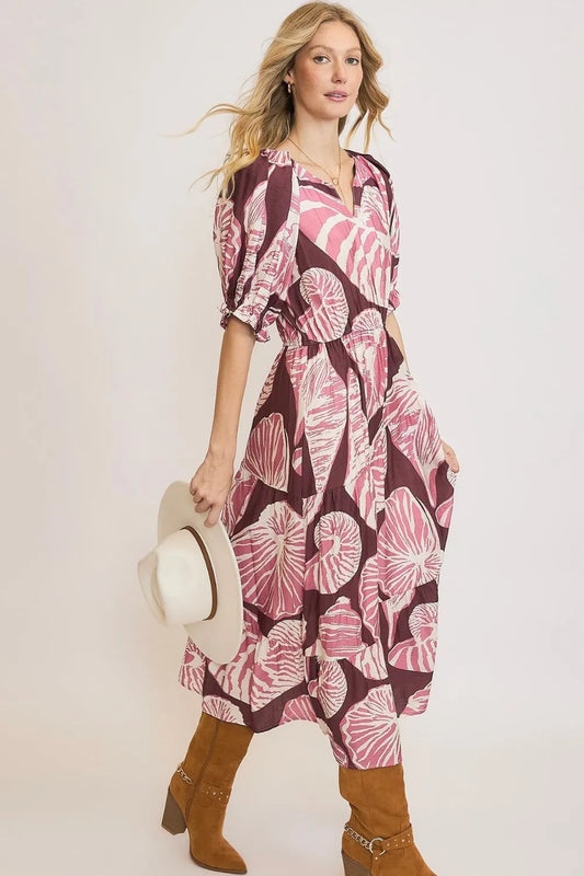 TEEK - Plum Mauve Umgee Printed Notched Puff Sleeve Midi Dress DRESS TEEK Trend