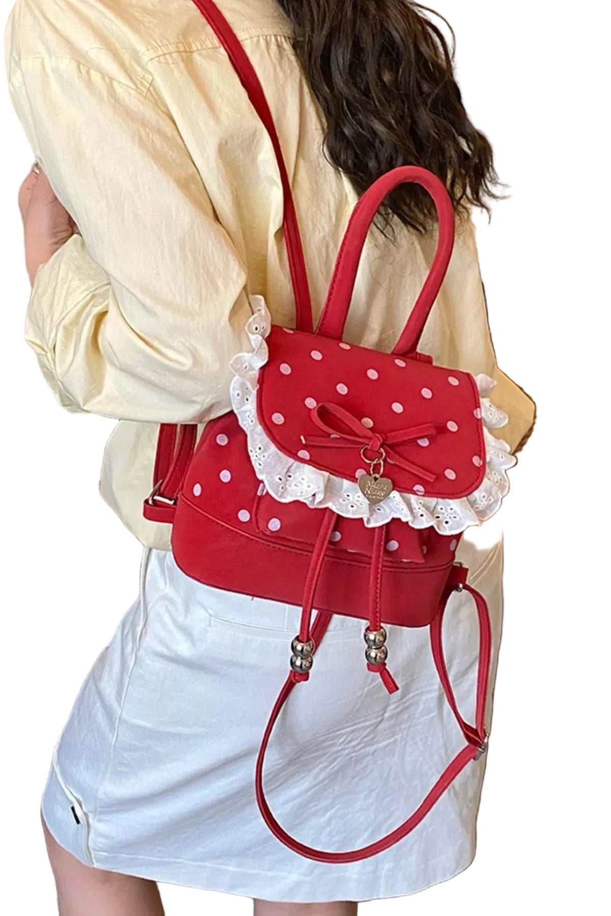 TEEK - Polka Dot Lace Trim Backpack Bag BAG TEEK Trend Red onesize
