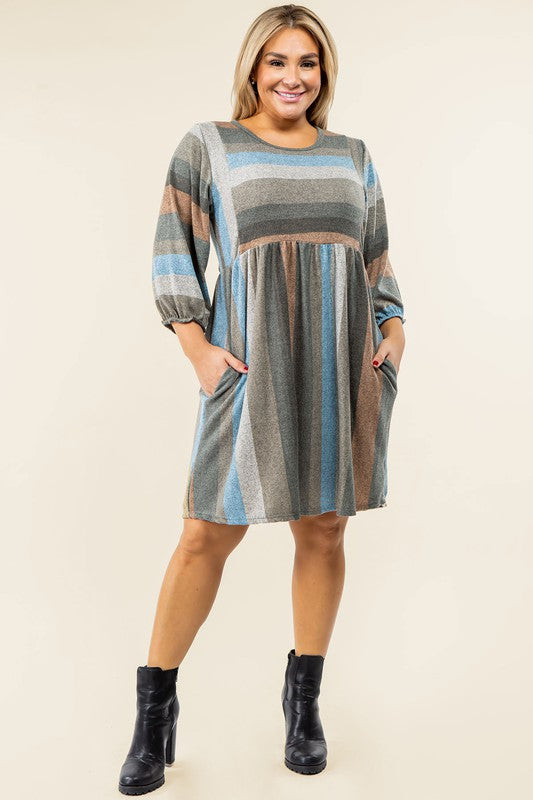 TEEK - Plus Size Mix Stripe Balloon Sleeve Dress DRESS TEEK FG   