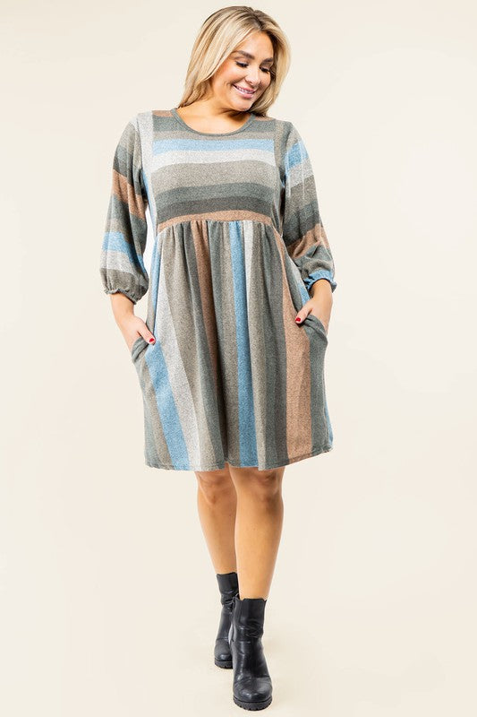 TEEK - Plus Size Mix Stripe Balloon Sleeve Dress DRESS TEEK FG   