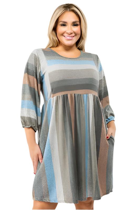 TEEK - Plus Size Mix Stripe Balloon Sleeve Dress DRESS TEEK FG sage mocha 1X 