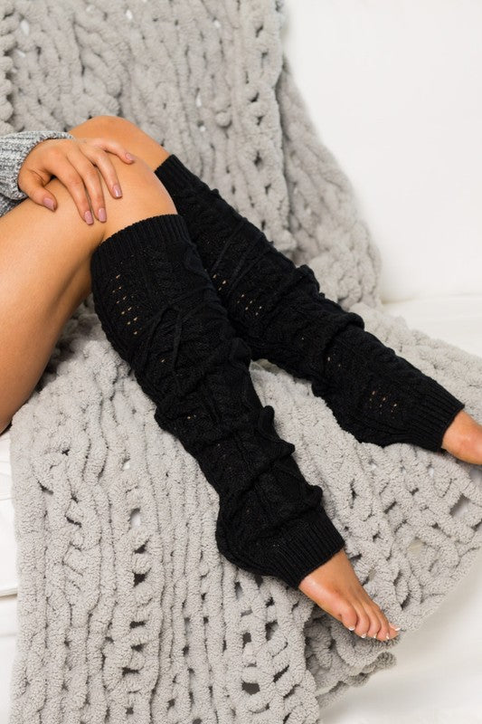 TEEK - Cable Knit Long Tie Leg Warmer SOCKS TEEK FG Black OneSize