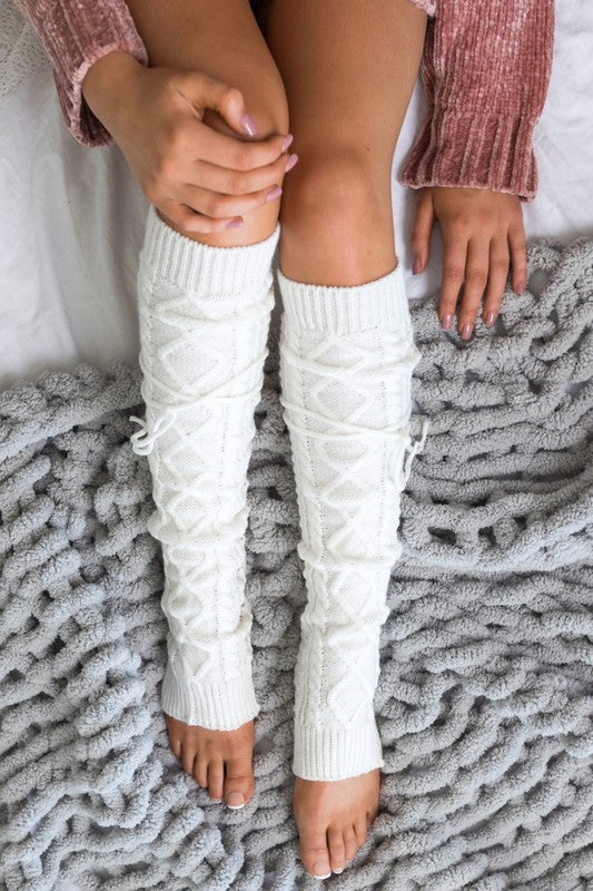 TEEK - Cable Knit Long Tie Leg Warmer SOCKS TEEK FG Ivory OneSize