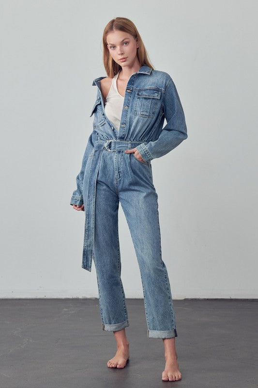 Buttoned Scoop Neck Denim Jumpsuit