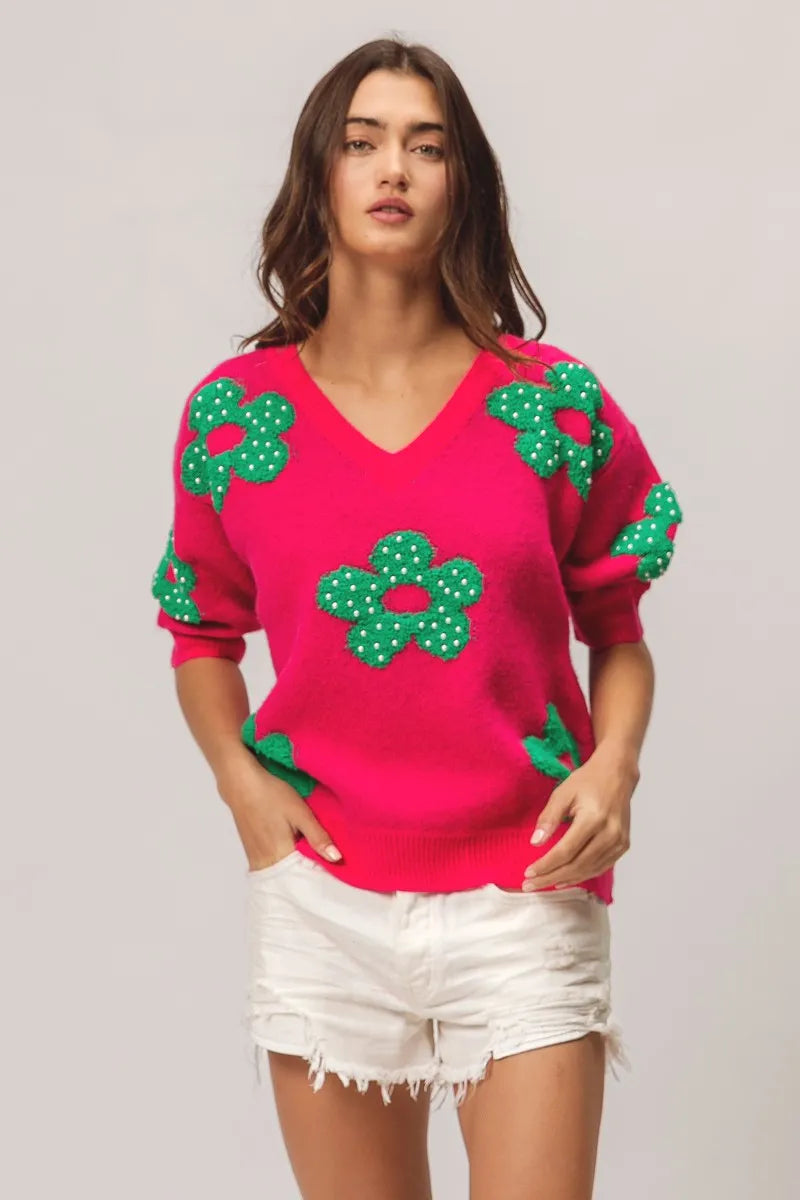 TEEK - Fuchsia Jade Pearl Beads Flowers Sweater Top TOPS TEEK Trend