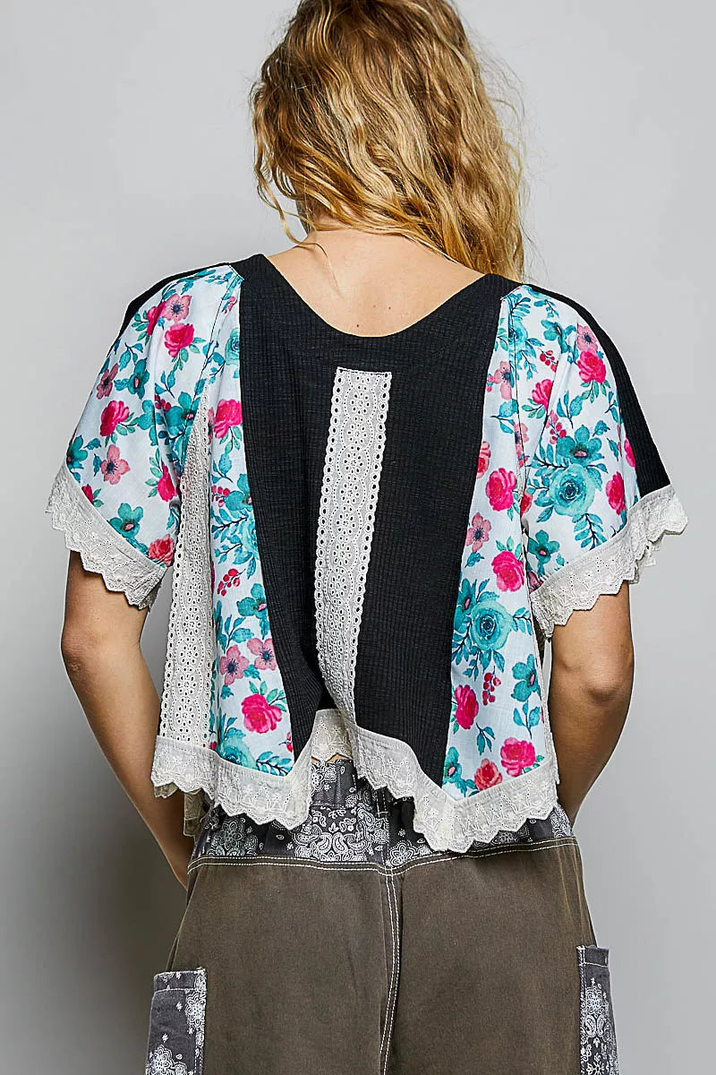 POL Round Neck Ribbed Cropped Top with Lace Detail Trendsi