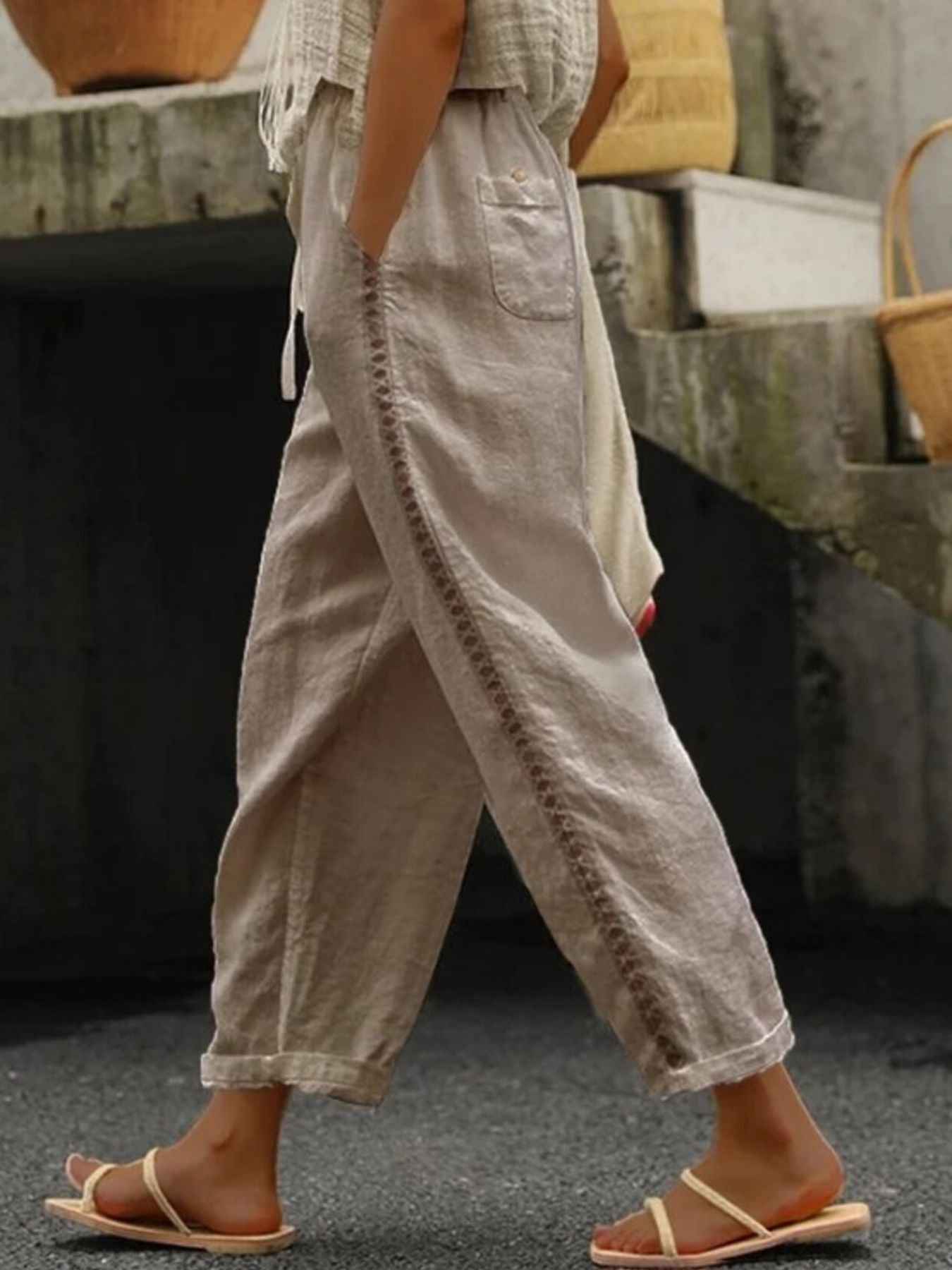 Hollow Out Trim Cropped Pants Trendsi Khaki S