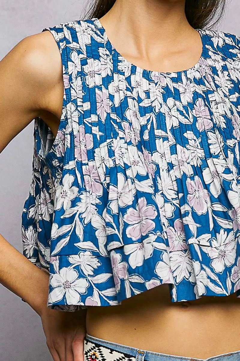 POL Floral Round Neck Cropped Pintuck Tank Trendsi