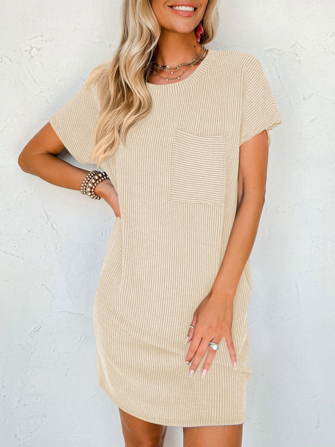 TEEK - Round Neck Short Sleeve Mini Dress TOPS TEEK Trend Sand S 