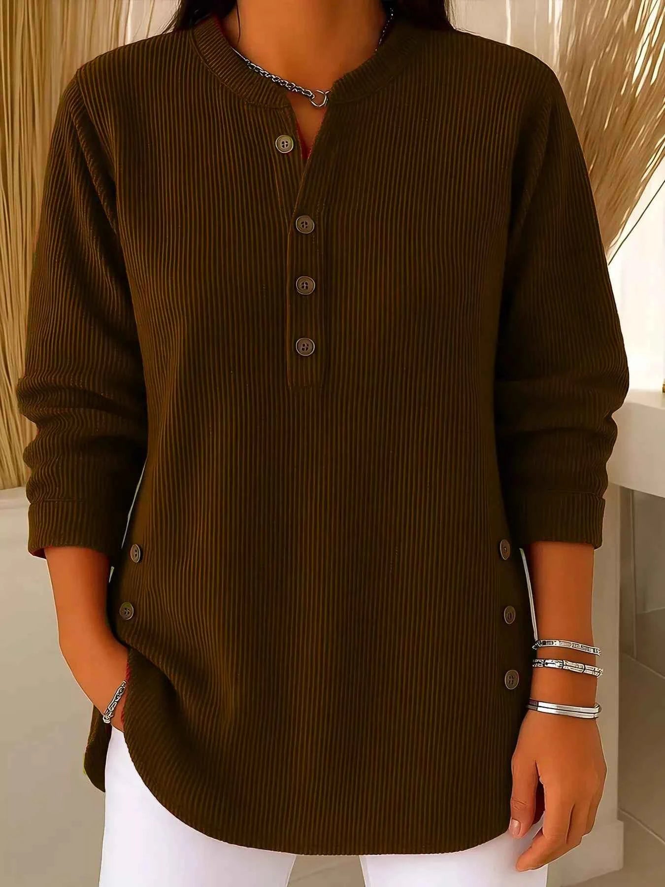 TEEK - Full Size Ribbed Half Button Henley Top Plus Size TOPS TEEK Trend Brown S