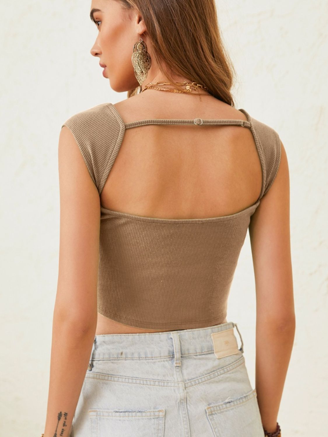 TEEK - Khaki Cutout Cap Sleeve Crop Top  TEEK Trend   