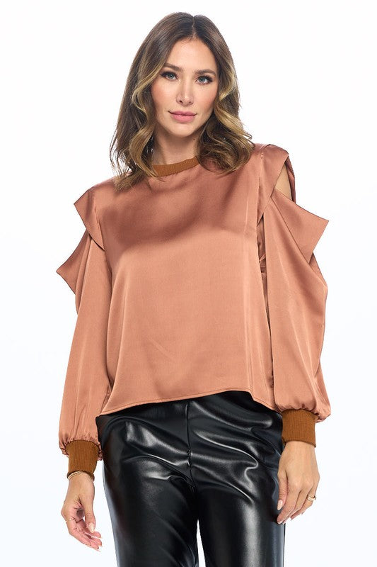 TEEK - Plus Size Rust Satin Stretch Open Shoulder Sweatshirt TOPS TEEK FG XL  