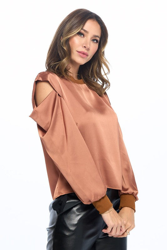 TEEK - Plus Size Rust Satin Stretch Open Shoulder Sweatshirt TOPS TEEK FG   