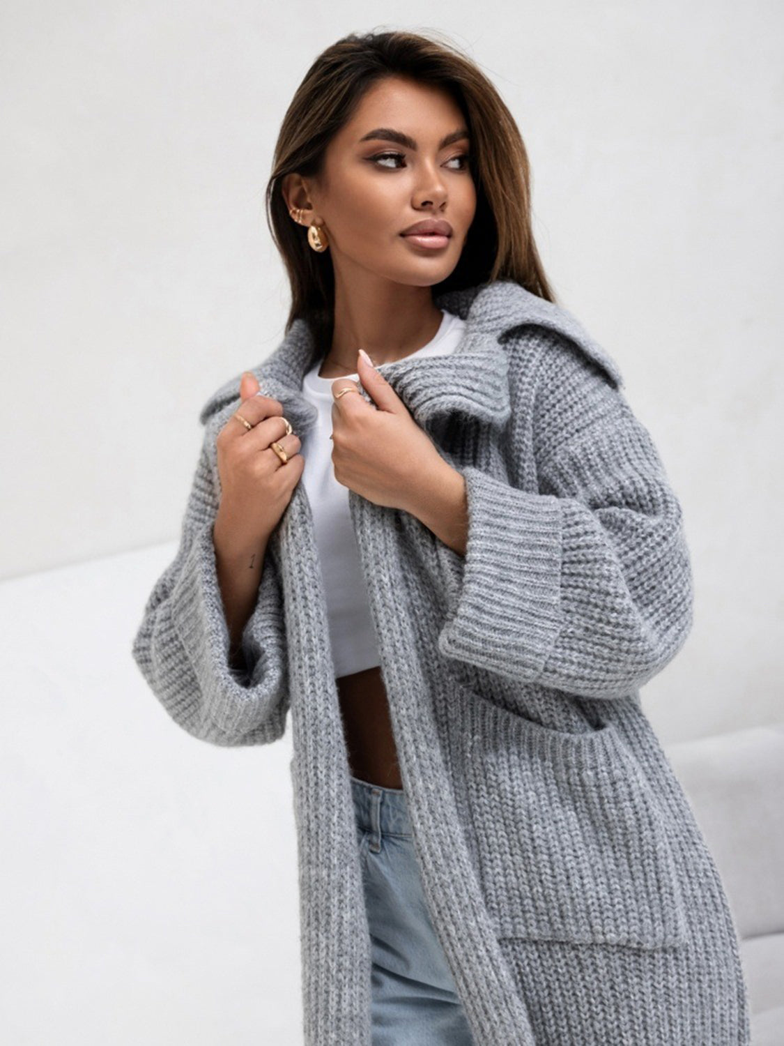 TEEK - Pocketed Collared Neck Dropped Shoulder Cardigan SWEATER TEEK Trend