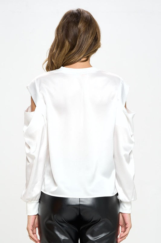 TEEK - White Satin Stretch Open Shoulder Sweatshirt TOPS TEEK FG   