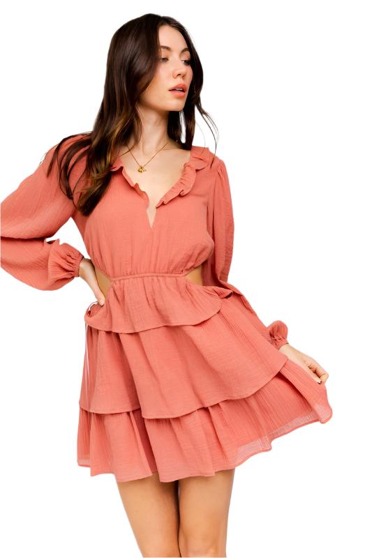 TEEK - Dusty Peach Ruffle Detail V-Shape Boning Dress DRESS TEEK FG S  