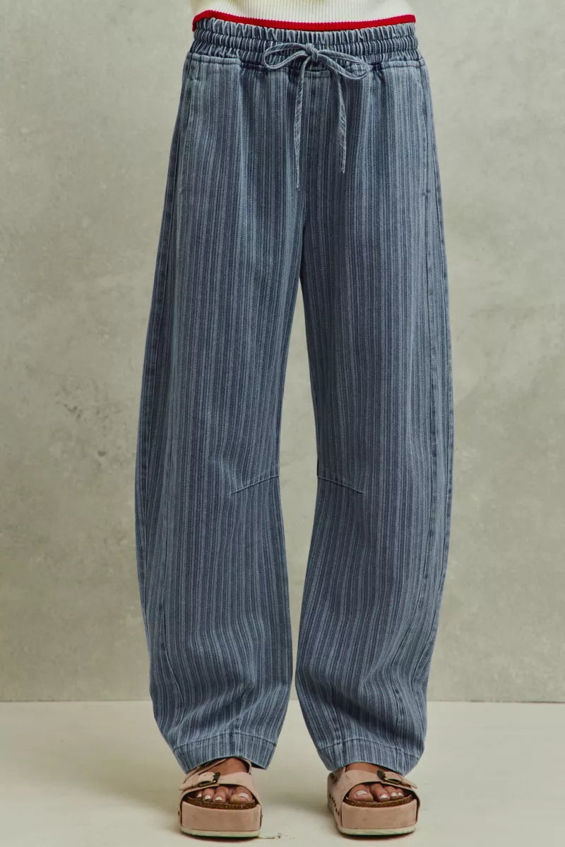 TEEK - Striped Denim Barrel Jeans Drawstring Waistband JEANS TEEK Trend