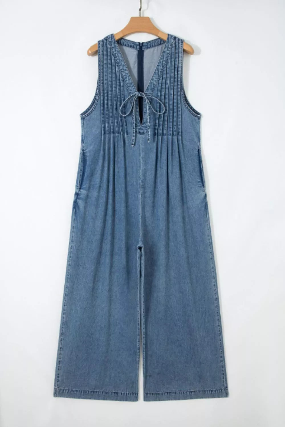 Acid Wash Pintuck Tie V Neck Denim Wide Leg Jumpsuit Trendsi