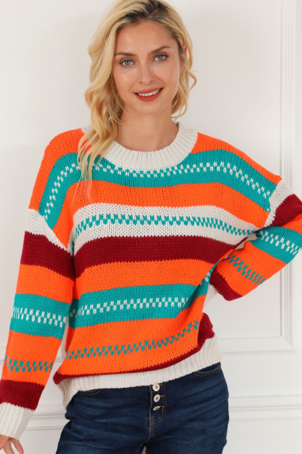 Contrast Striped Round Neck Long Sleeve Sweater TEEK Trend