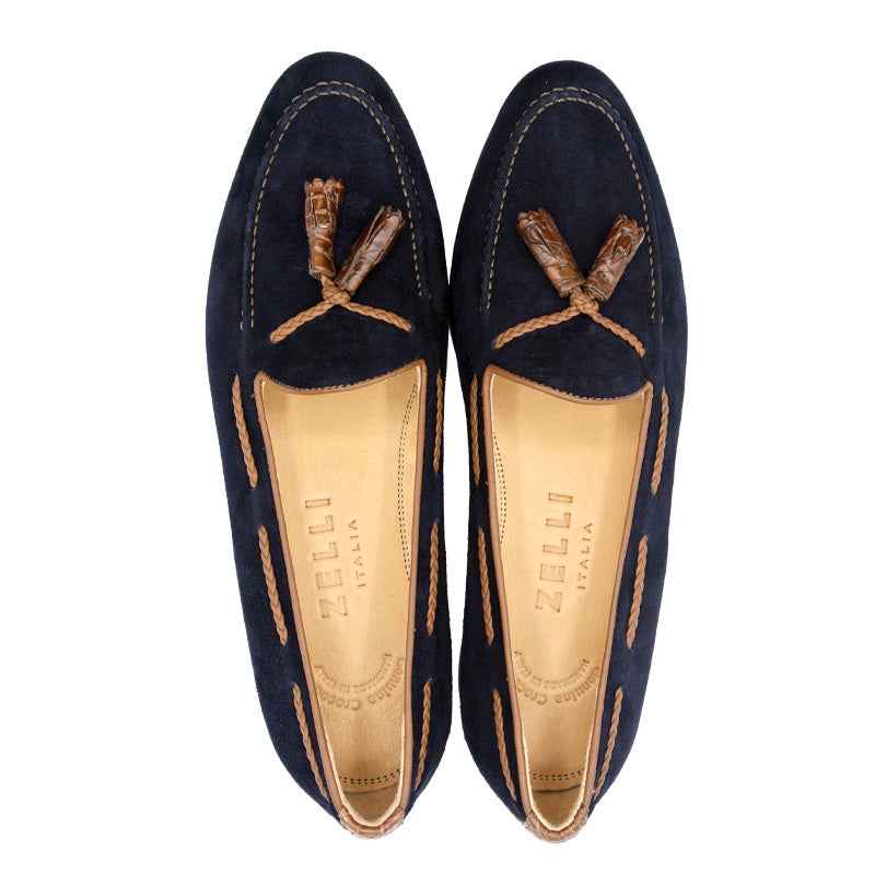 TEEK - 16-584-NVY NAPLES Italian Kid Suede with Embossed Crocodile Tassel Loafer, Navy Shop TEEK ZI
