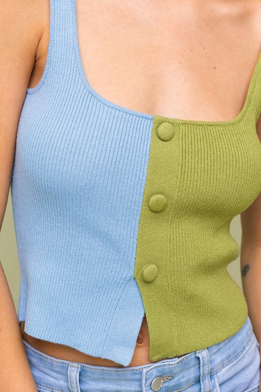 TEEK - Green Blue Color Block Button Front Sweater Top TOPS TEEK FG   