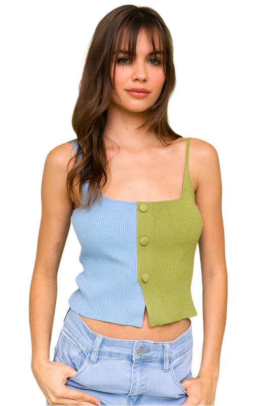 TEEK - Green Blue Color Block Button Front Sweater Top TOPS TEEK FG S  