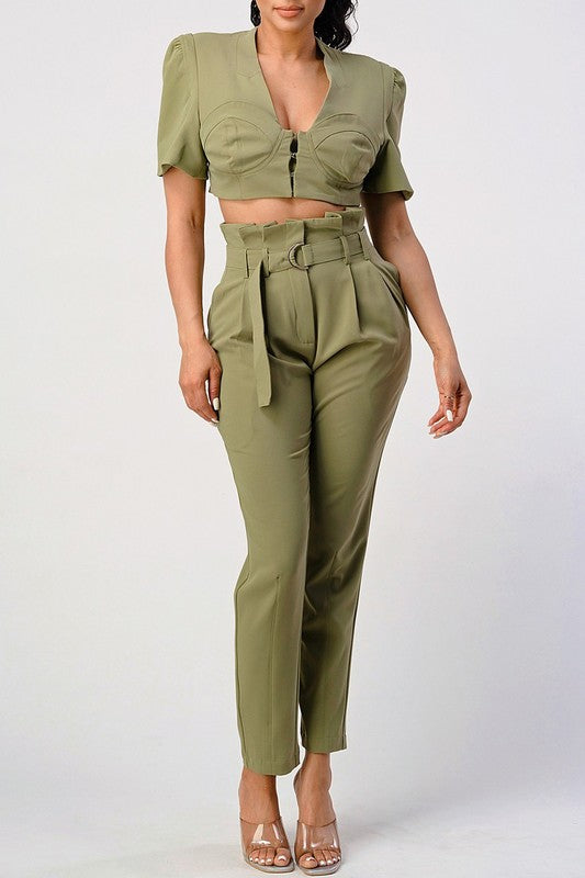 TEEK - OLIVE TWO PIECE PANT SET & BELT SET TEEK FG S  