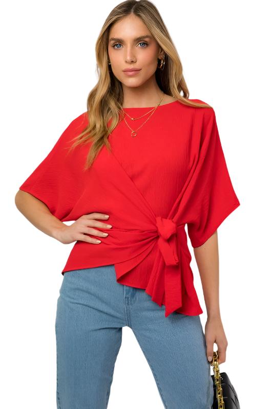 TEEK - 3/4 Sleeve Side Tie Top TOPS TEEK FG Red S 